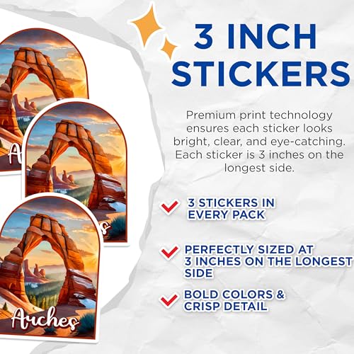 (3 Pack) Arches National Park Decals - Utah Landmark Sticker - Desert Landscape Decal - 3 Inches On Longest Side - Easy Peel & Apply - Made in USA - 3MCS0394