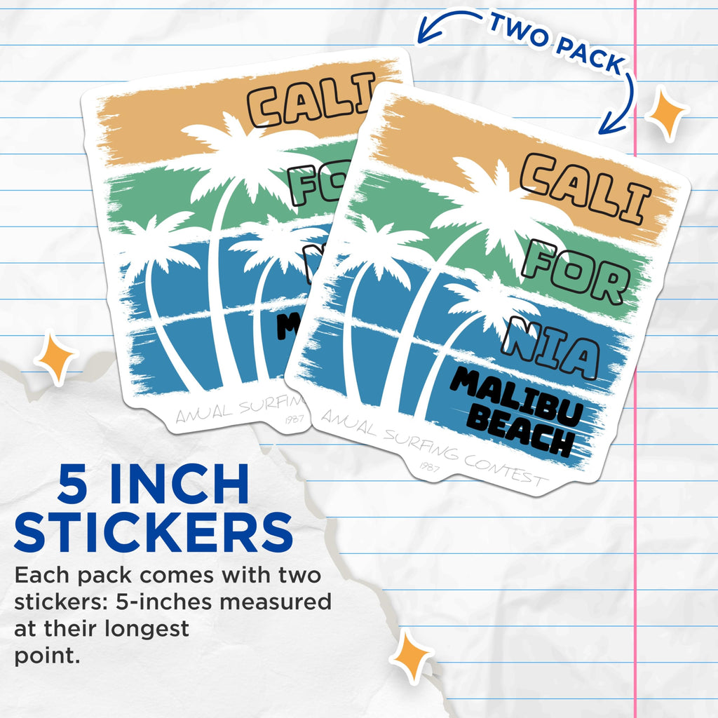 (2 Pack) Malibu Beach Stickers - California Surf Sticker - Summer Vacation Souvenir - 5" On Longest Side - Sticks to Smooth Flat Surfaces - Made in USA - BMCS17499