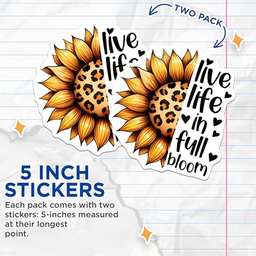 (2 Pack) Live Life in Full Bloom Stickers - Sunflower - Inspirational Quote - Leopard Print - 5" On Longest Side - Sticks to Smooth Flat Surfaces - Made in USA - BMCS7980