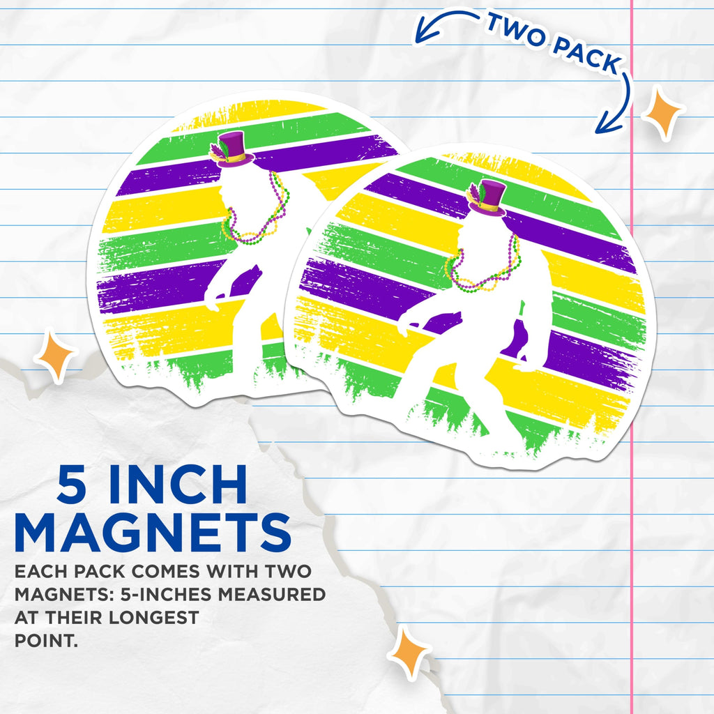 (2 Pack) Mardi Gras Bigfoot Magnets - Party Sasquatch Decor - Funny Fridge Magnets - 5" On Longest Side - Premium Magnet - for Cars, Refrigerators, Toolboxes, Lockers - Made in USA - MAG16689