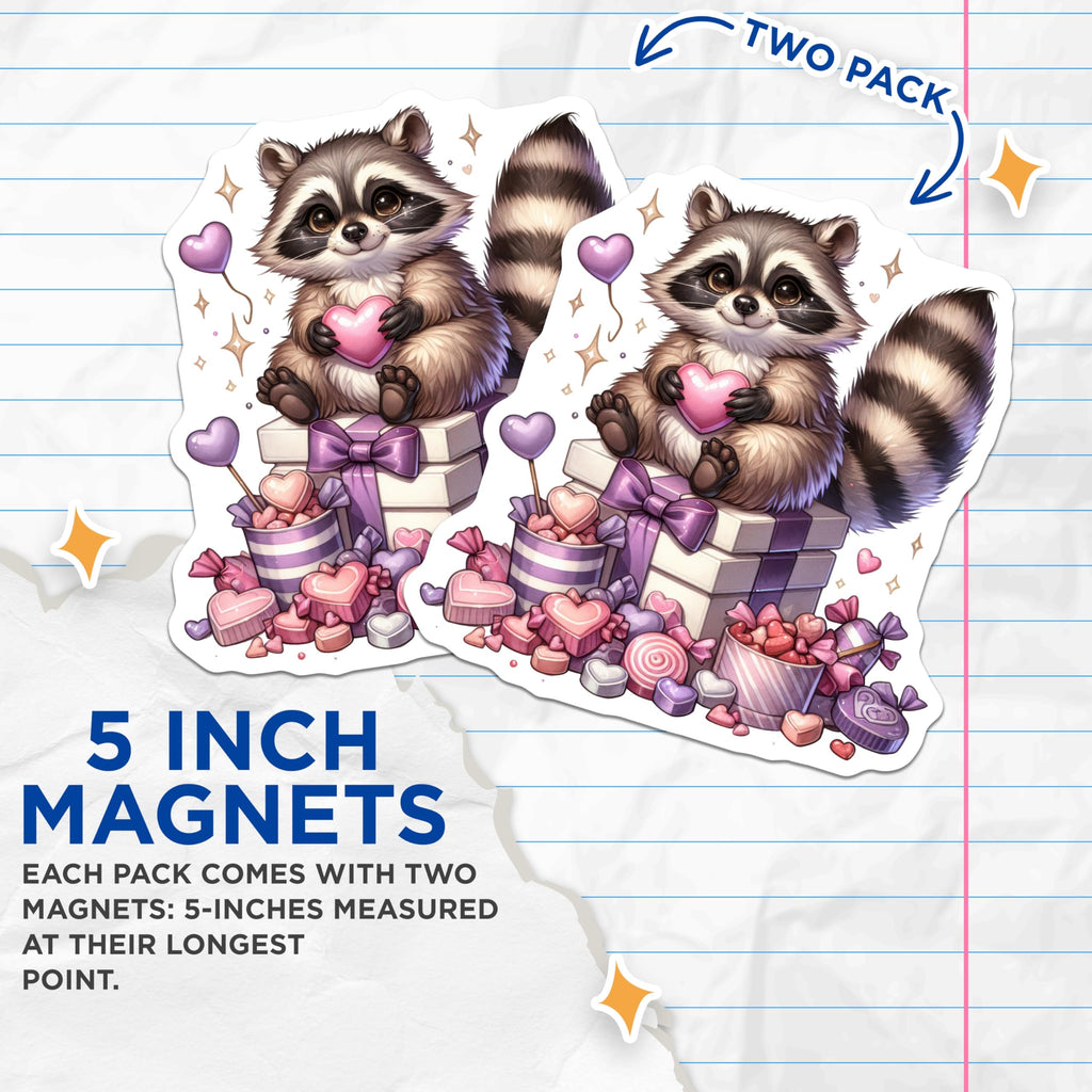 (2 Pack) Cute Raccoon Magnets - Valentine Heart Design - Sweet Animal Lover Display - 5 Inches On Longest Side - Thick Durable Magnet - Made in USA - MAG22753