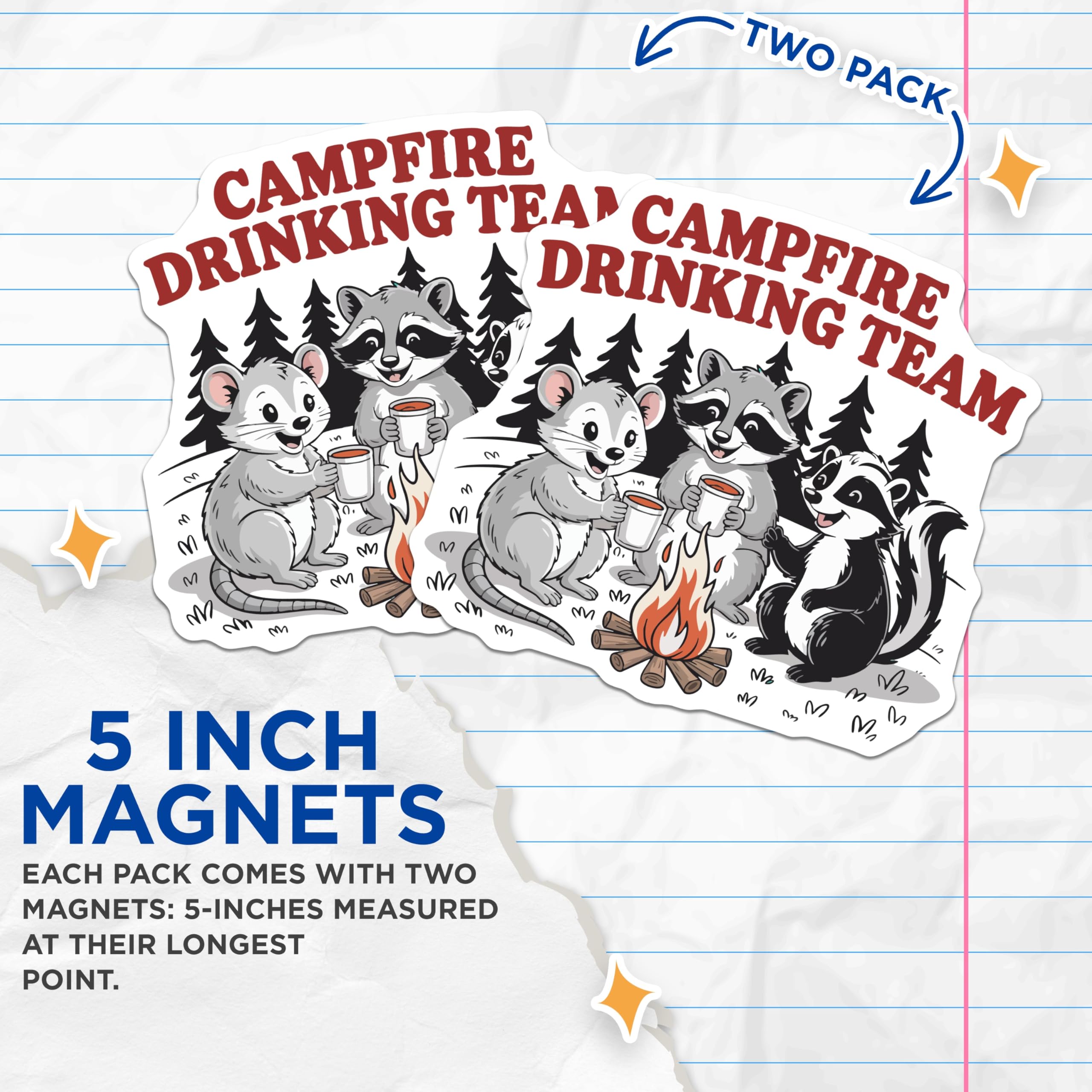 (2 Pack) Campfire Drinking Team Magnets - Funny Woodland Creatures - Raccoon Skunk Mouse Camping Decor - 5 Inches On Longest Side - Thick Durable Magnet - Made in USA - MAG21964