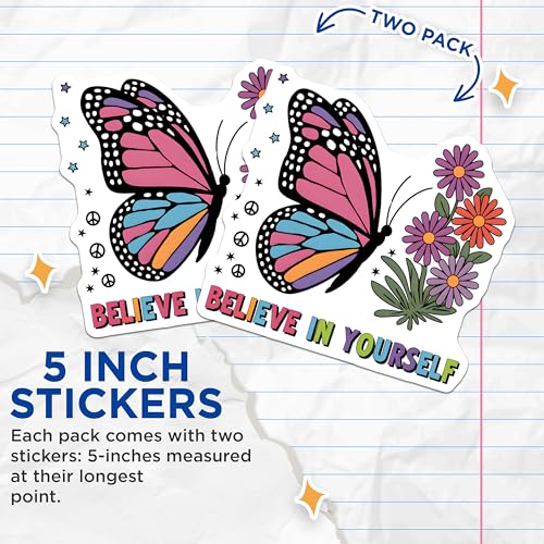 (2 Pack) Believe in Yourself Stickers - Motivational Butterfly - Inspirational Flower - 5" On Longest Side - Sticks to Smooth Flat Surfaces - Made in USA - BMCS4559