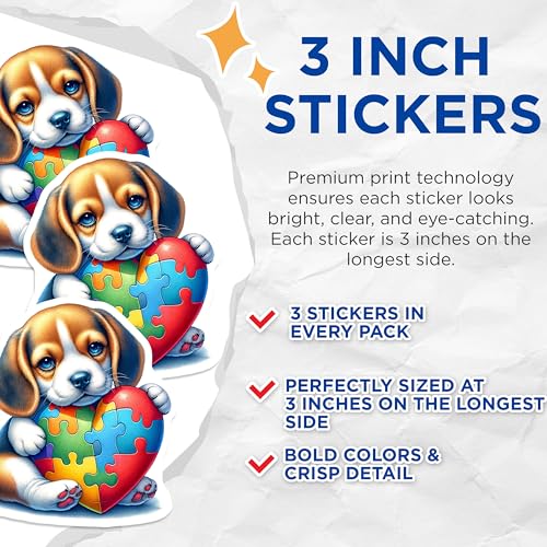 (3 Pack) Autism Awareness Decals - Beagle Dog - Puzzle Heart - 3 Inches On Longest Side - Easy Peel & Apply - Made in USA - 3MCS8233