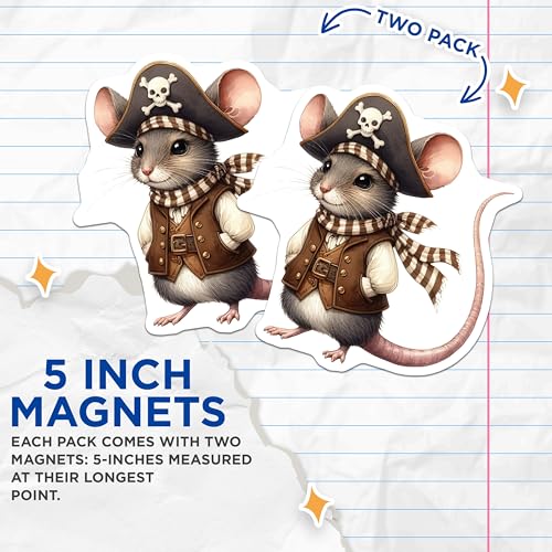 (2 Pack) Pirate Mouse Magnets - Cute Rodent Decor - Animal Lover's Refrigerator Magnets - 5" On Longest Side - for Cars, Fridges, Toolboxes - Made in USA - MAG7156