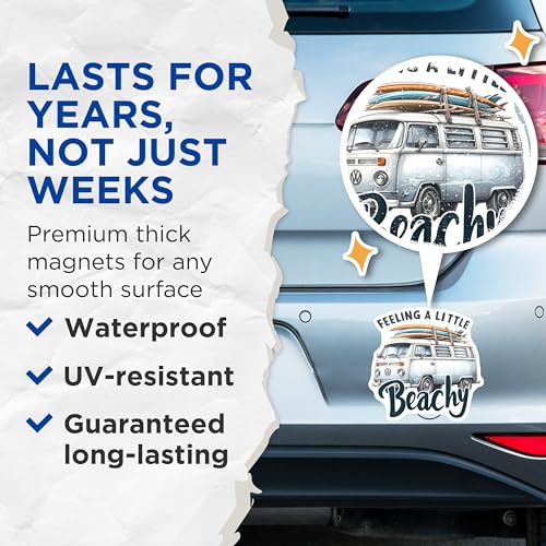 (2 Pack) Feeling A Little Beachy Magnets Magnets - Surfing Van Decor - Retro Coastal Style - 5" On Longest Side - Made in USA - Sticks to Refrigerators & Metal Surfaces - MAG9279