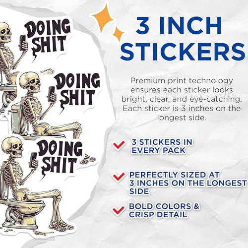(3 Pack) Funny Skeleton Decals - Doing Shit Stickers - Grim Reaper Laptop Decal - 3 Inches On Longest Side - Easy Peel & Apply - Made in USA - 3MCS2184