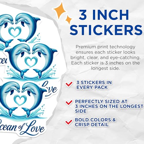 (3 Pack) Dolphin Love Decals - Ocean Theme - Laptop Decals - 3 Inches On Longest Side - Easy Peel & Apply - Made in USA - 3MCS4838