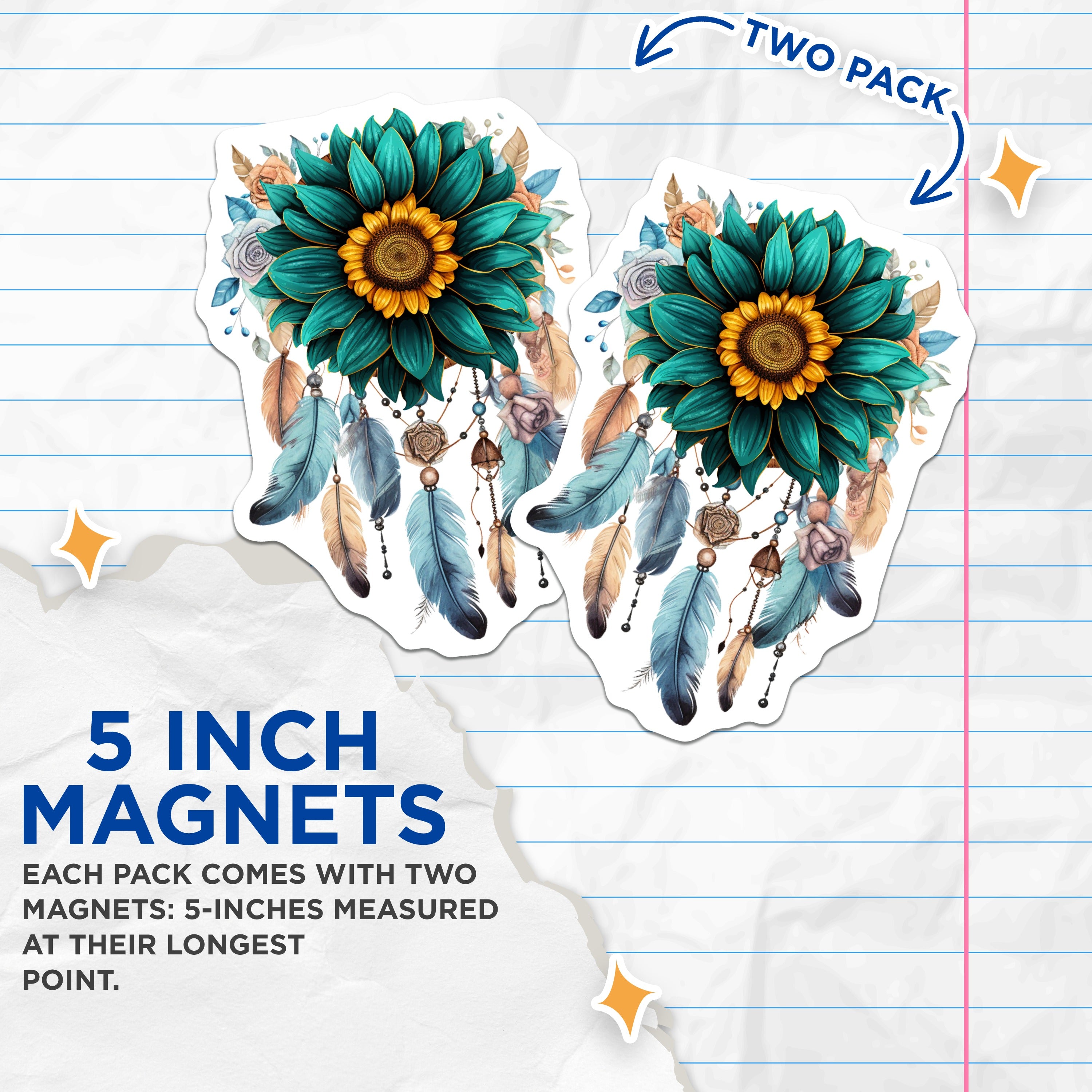 (2 Pack) Sunflower Dream Catcher Magnets - Bohemian Floral Decor - Spiritual Art Fridge Accessories - 5 Inches On Longest Side - Thick Durable Magnet - Made in USA - MAG36176