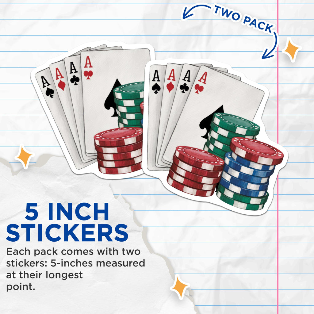 (2 Pack) Poker Playing Cards Stickers - Casino Theme - Gambling Chips - Fun Gaming Decal - 5" On Longest Side - Sticks to Smooth Flat Surfaces - Made in USA - BMCS7283