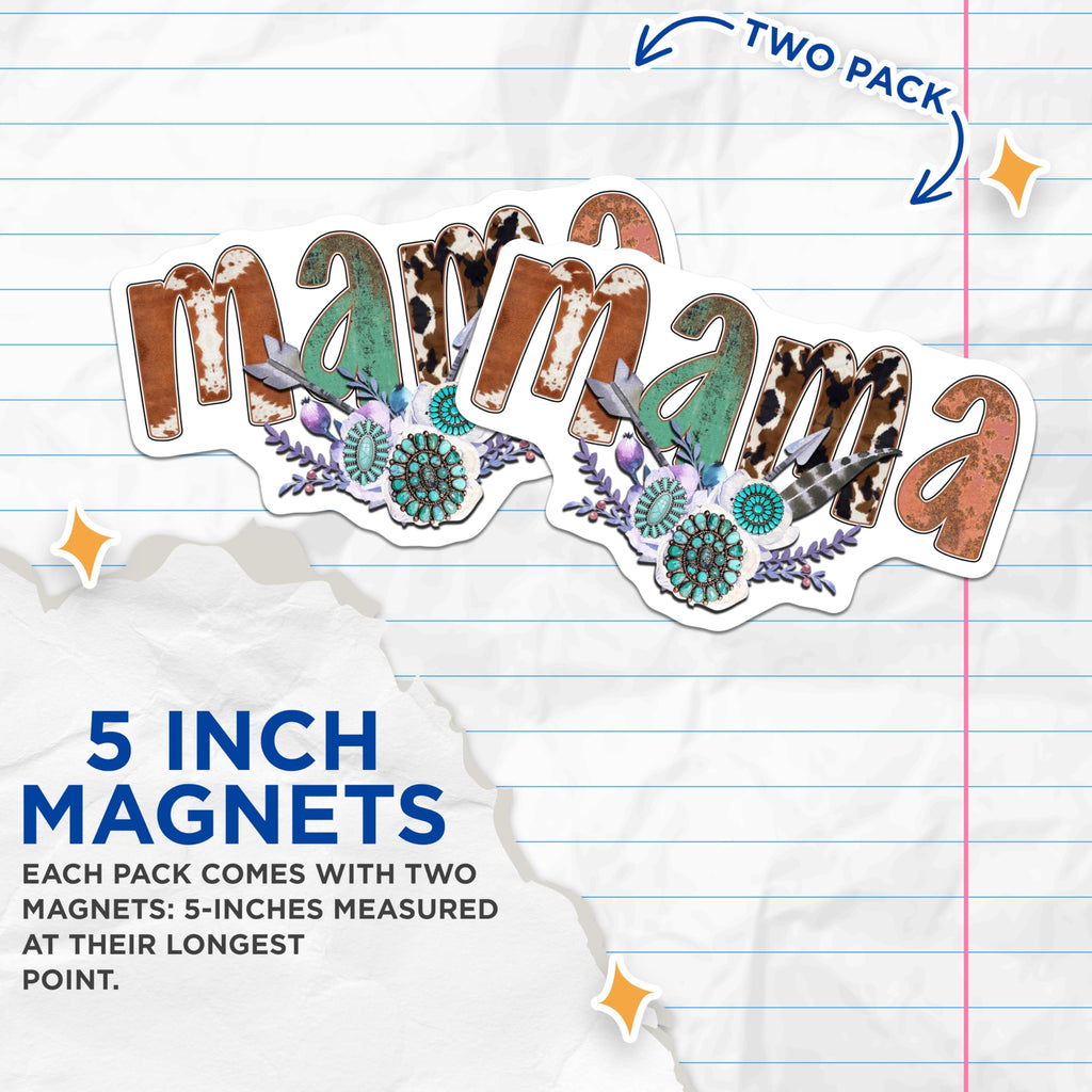 (2 Pack) Mama Magnets - Western Boho Cowhide Print Turquoise Jewelry Decor - Southwestern Ranch Mom Fridge Accessory - 5 Inches On Longest Side - Thick Durable Magnet - Made in USA - MAG27987