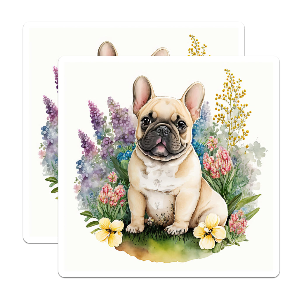 (2 Pack) French Bulldog Stickers - Cute Dog Decals - Floral Spring Stickers - 5" On Longest Side - Sticks to Smooth Flat Surfaces - Made in USA - BMCS14726