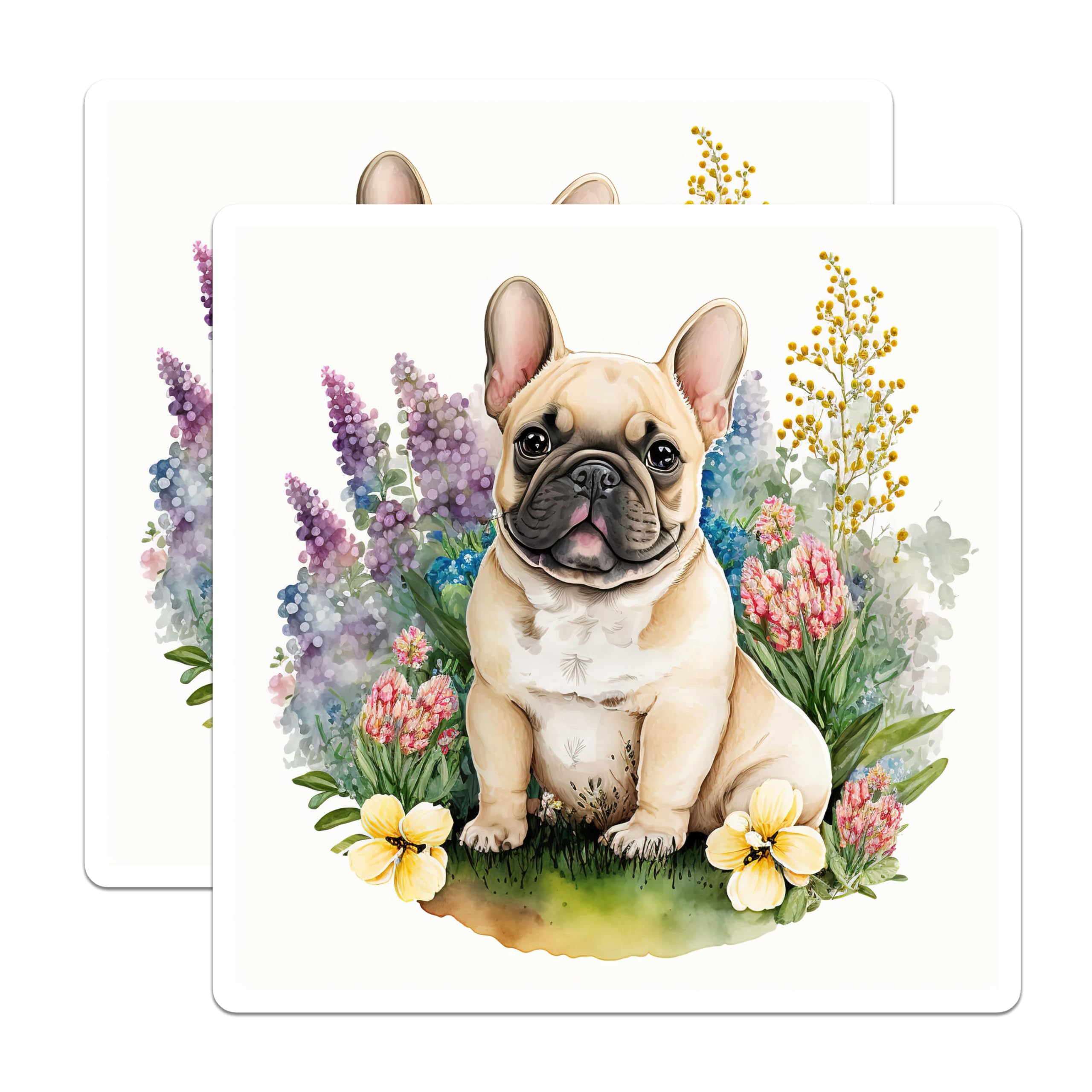 (2 Pack) French Bulldog Stickers - Cute Dog Decals - Floral Spring Stickers - 5" On Longest Side - Sticks to Smooth Flat Surfaces - Made in USA - BMCS14726