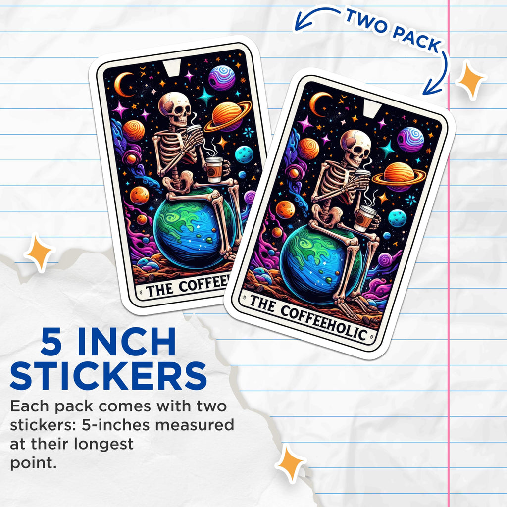 (2 Pack) Cool Skeleton Coffee Stickers - Funny Coffeeholic Decals - Cosmic Coffee Lover Art Stickers - 5" On Longest Side - Sticks to Smooth Flat Surfaces - Made in USA - BMCS5369