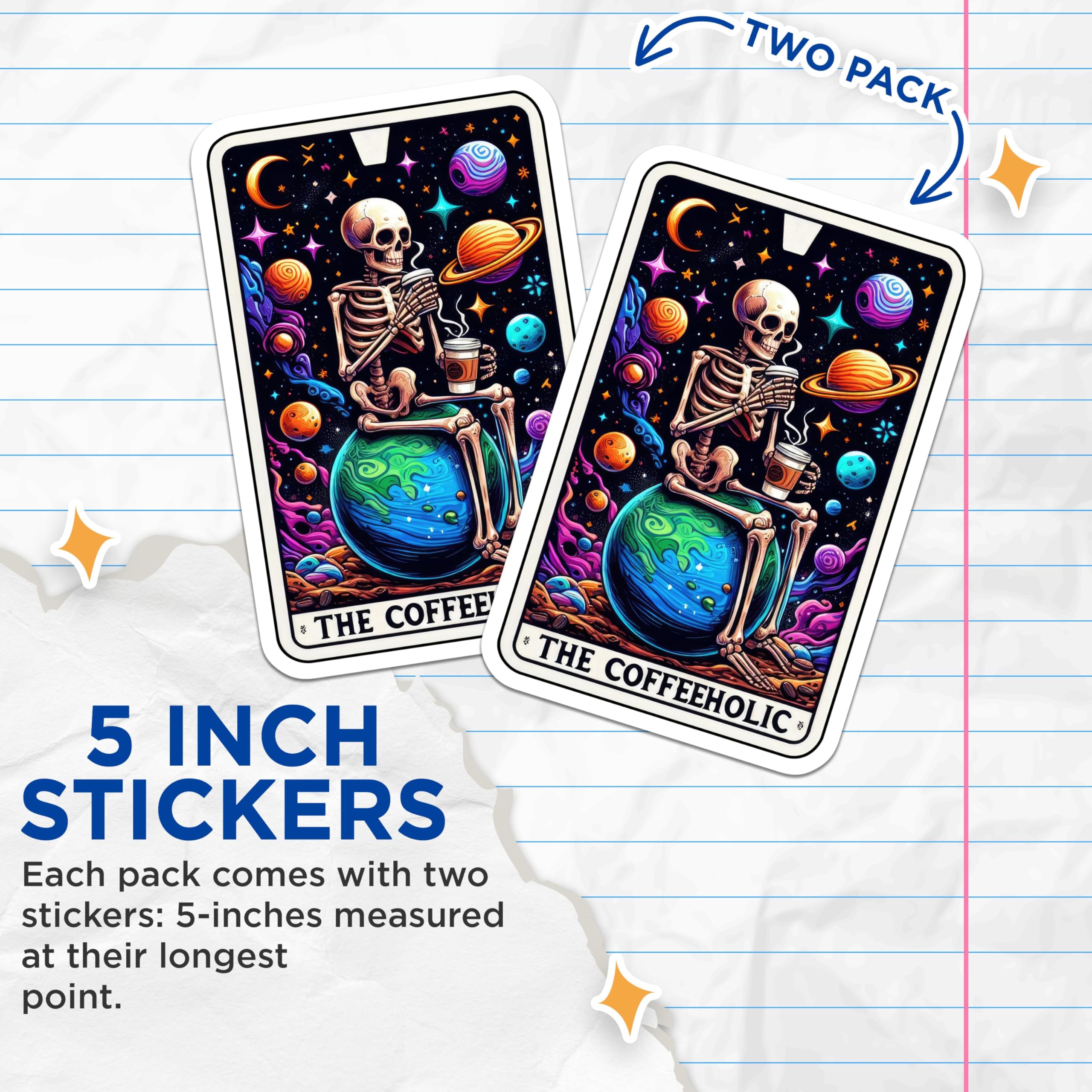 (2 Pack) Cool Skeleton Coffee Stickers - Funny Coffeeholic Decals - Cosmic Coffee Lover Art Stickers - 5" On Longest Side - Sticks to Smooth Flat Surfaces - Made in USA - BMCS5369