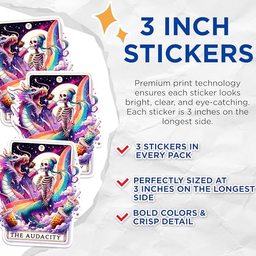(3 Pack) Dragon Boba Decals - Mermaid Skeleton Sticker - Bubble Tea Laptop Decal - 3 Inches On Longest Side - Easy Peel & Apply - Made in USA - 3MCS0276
