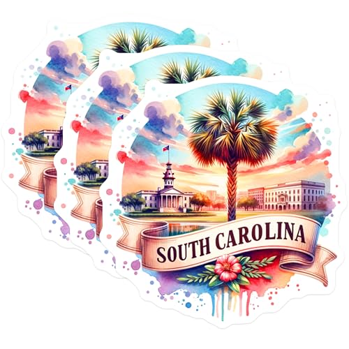 (3 Pack) South Carolina Decals - Palmetto State Stickers - Watercolor SC Laptop Decal- 3 Inches On Longest Side - Easy Peel & Apply - Made in USA - 3MCS5580