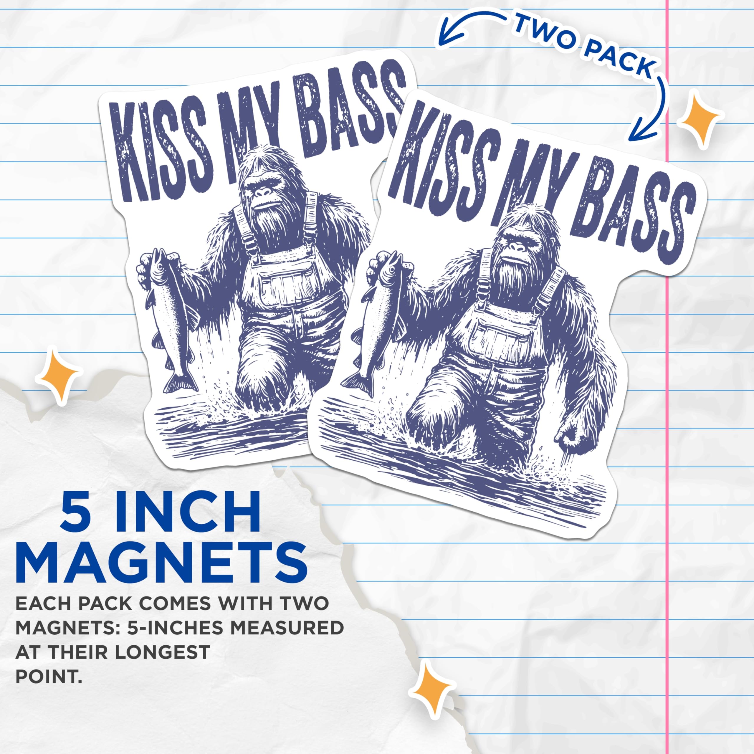 (2 Pack) Bigfoot Fishing Magnets - Sasquatch Kiss My Bass Humor - Outdoorsman Locker Decal - 5 Inches On Longest Side - Thick Durable Magnet - Made in USA - MAG20214