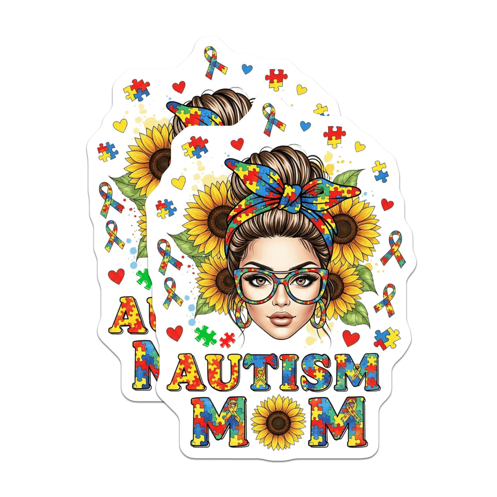 (2 Pack) Autism Mom Stickers - Messy Bun Awareness - Sunflower Puzzle Piece Design - 5" On Longest Side - Sticks to Smooth Flat Surfaces - Made in USA - BMCS20524