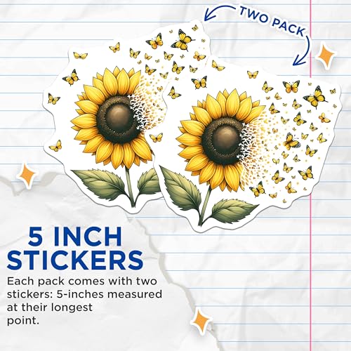 (2 Pack) Sunflower Butterfly Stickers - Floral Decal - Nature-Themed - 5" On Longest Side - Sticks to Smooth Flat Surfaces - Made in USA - BMCS7978