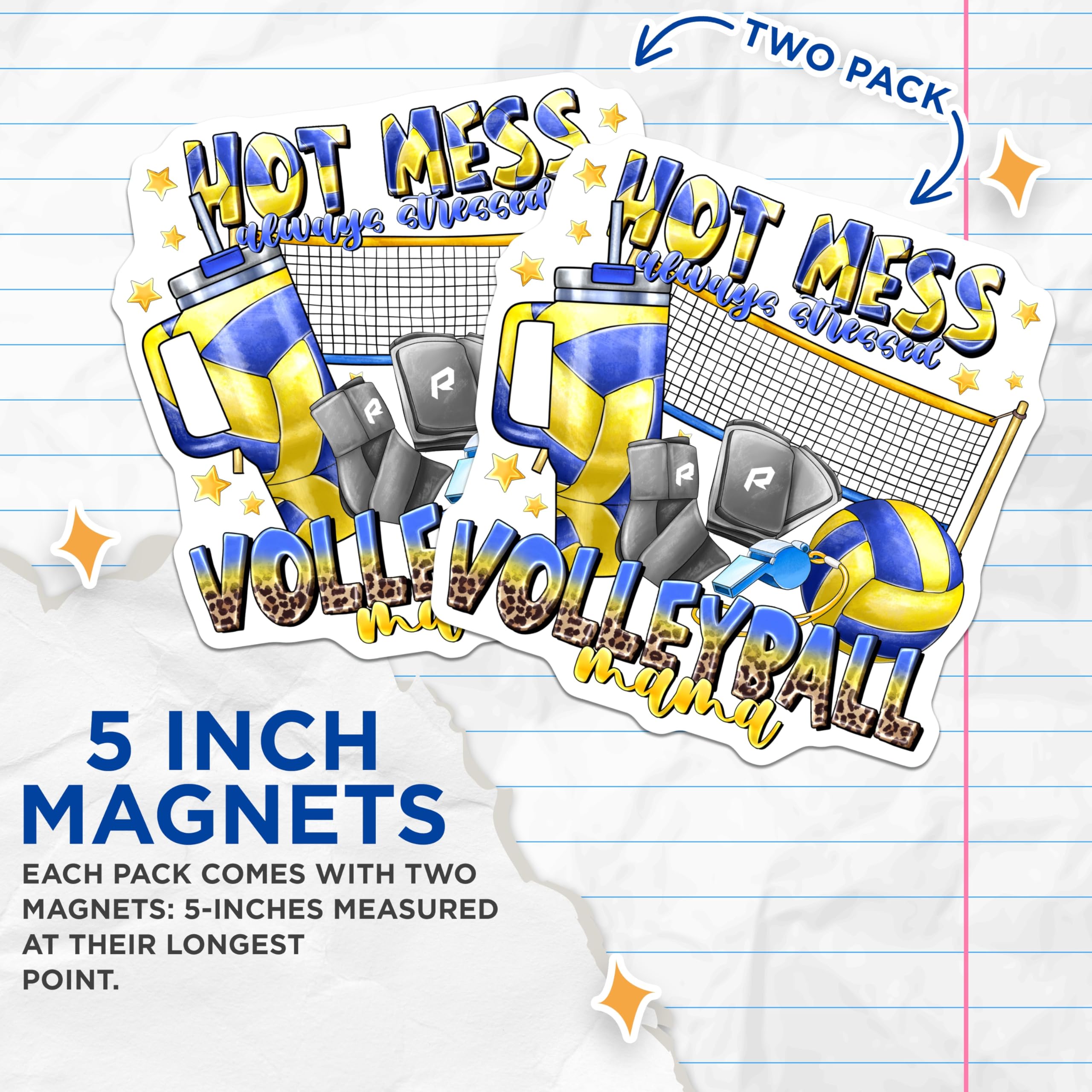 (2 Pack) Volleyball Mama Magnets - Hot Mess Always Blessed Decor - Sports Mom Accessories - Team Spirit Items - 5 Inches On Longest Side - Thick Durable Magnet - Made in USA - MAG28750