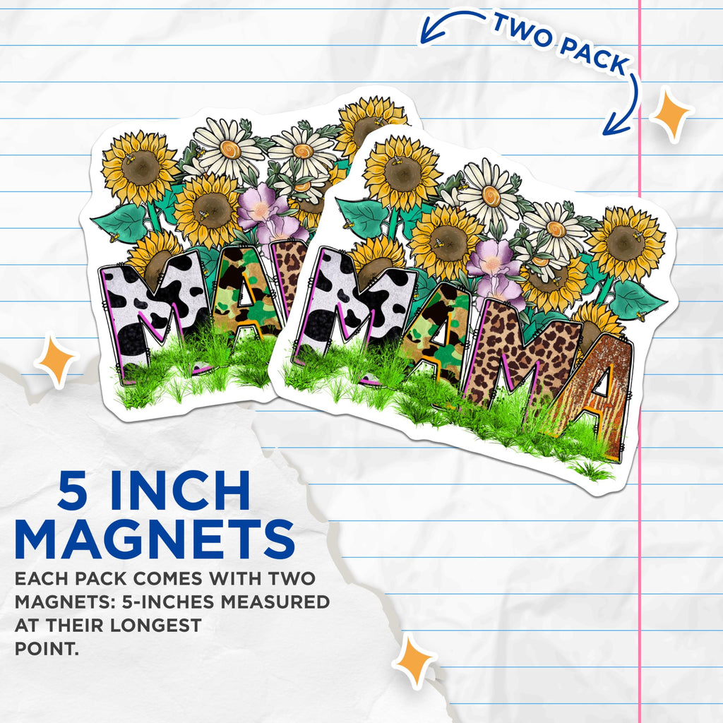 (2 Pack) Mama Floral Magnets - Rustic Sunflower Daisy Bee Decor - Cow Print Camo Leopard Farmhouse Accents - 5 Inches On Longest Side - Thick Durable Magnet - Made in USA - MAG24901