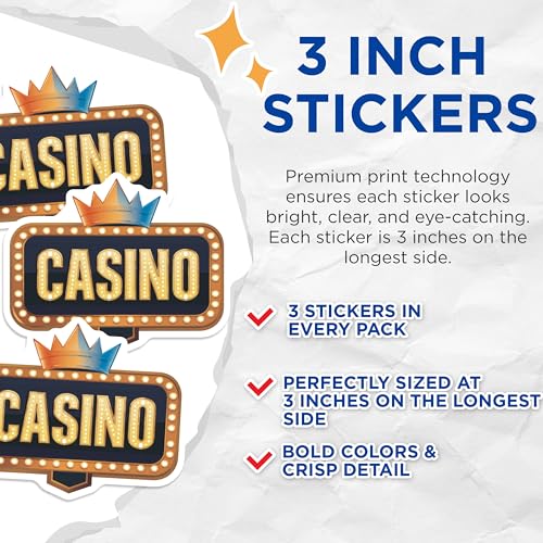 (3 Pack) Casino Sign Decals - Crown Design - Vegas Style Stickers- 3 Inches On Longest Side - Easy Peel & Apply - Made in USA - 3MCS5390