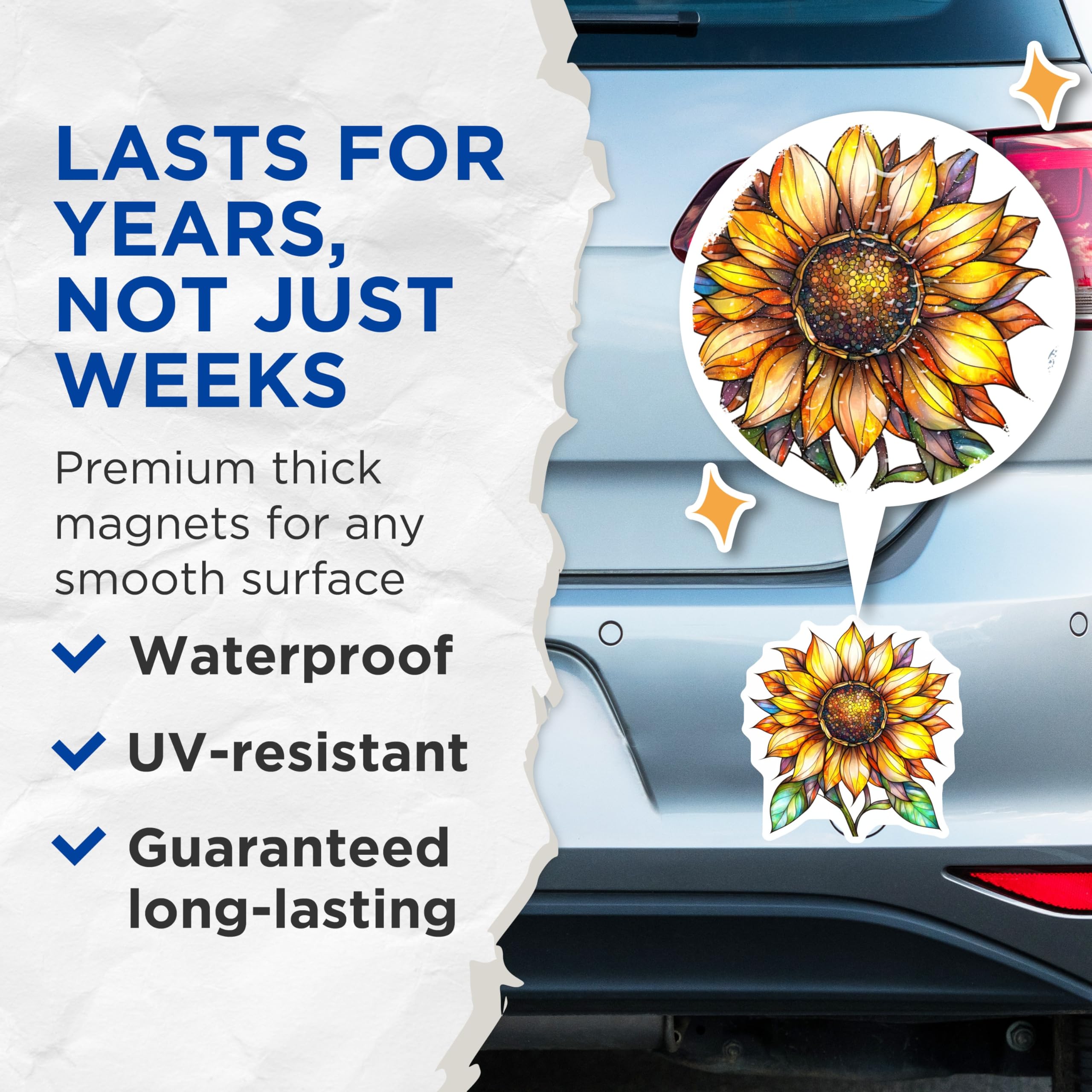 (2 Pack) Stained Glass Sunflower Magnets - Mosaic Style Floral Art - Vibrant Fridge Locker Accent Decor - 5 Inches On Longest Side - Thick Durable Magnet - Made in USA - MAG24924