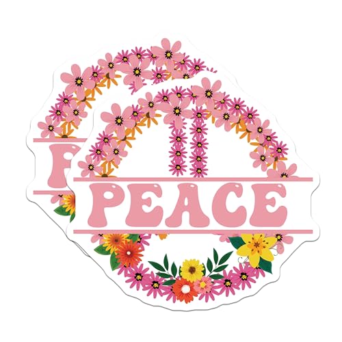 (2 Pack) Peace Flower Stickers - Hippie Vibes Stickers - Floral Peace Sign Decals - 5" On Longest Side - Sticks to Smooth Flat Surfaces - Made in USA - BMCS4709
