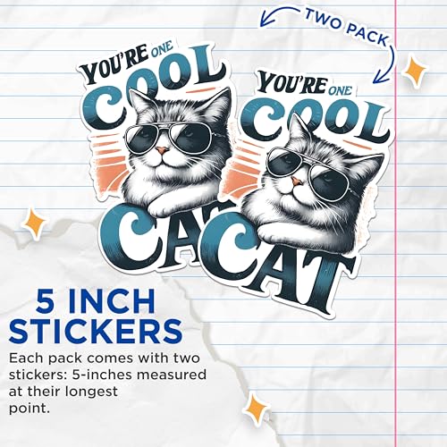 (2 Pack) Cat Lover Stickers - Cool Cat Stickers - Cat with Glasses Stickers - 5" On Longest Side - Sticks to Any Smooth Flat Surface - Made in USA - BMCS2655