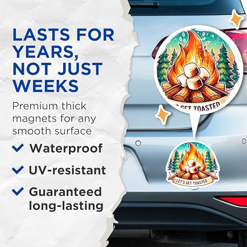 (2 Pack) Let's Get Toasted Magnets - Campfire Magnets - Marshmallow Magnets - Outdoor Adventure Magnets - 5" On Longest Side - for Cars, Fridges, Toolboxes - Made in USA - MAG7020