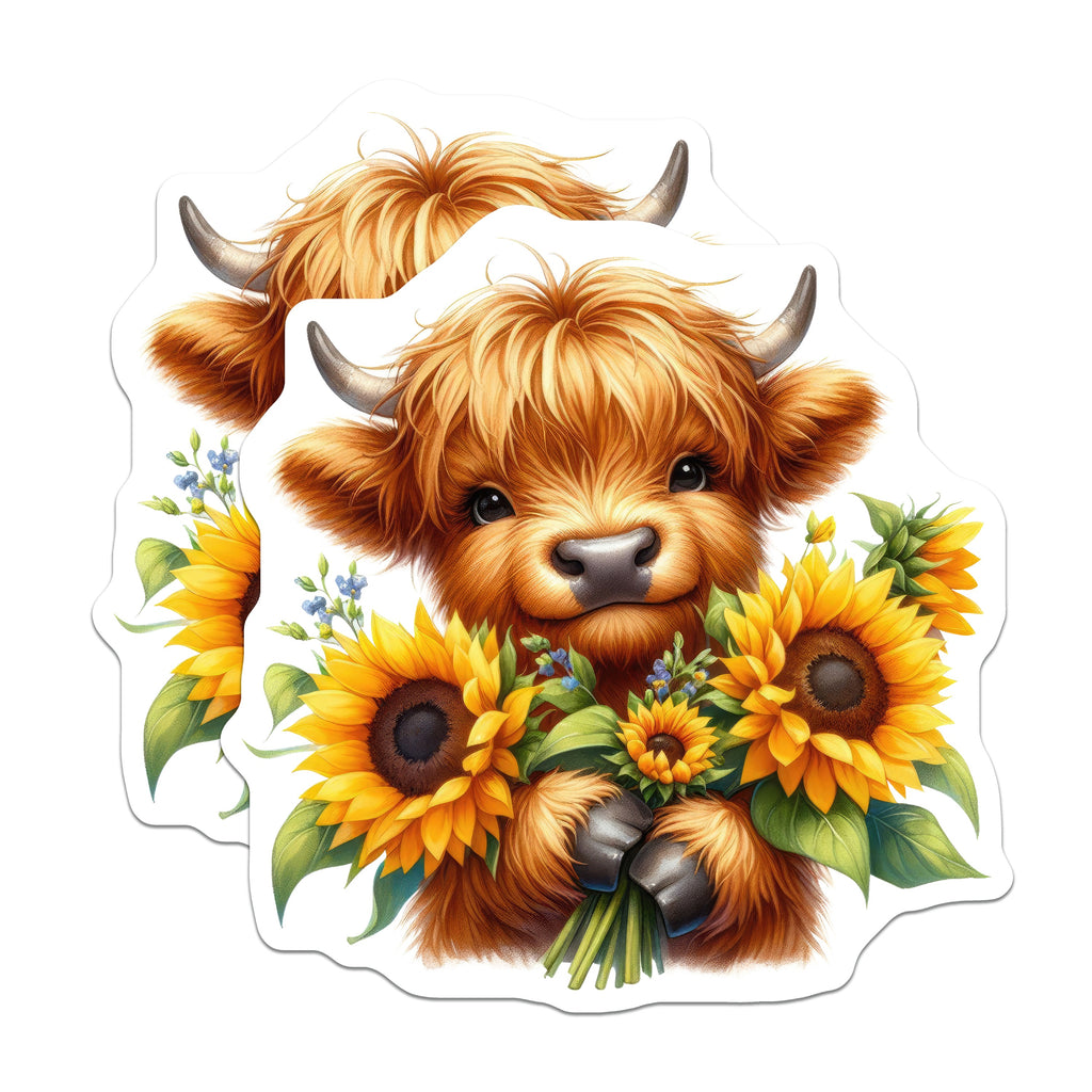(2 Pack) Cute Highland Cow Magnets - Sunflower Farm Animal Art - Rustic Kitchen Fridge Accent Home Decor - 5 Inches On Longest Side - Thick Durable Magnet - Made in USA - MAG37217