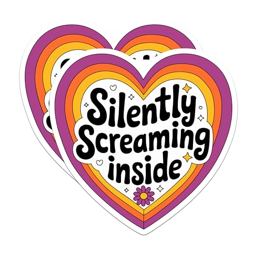 (2 Pack) Silently Screaming Inside Stickers - Funny Quote Sticker - Retro Heart Sticker - 5" On Longest Side - Sticks to Smooth Flat Surfaces - Made in USA - BMCS5601