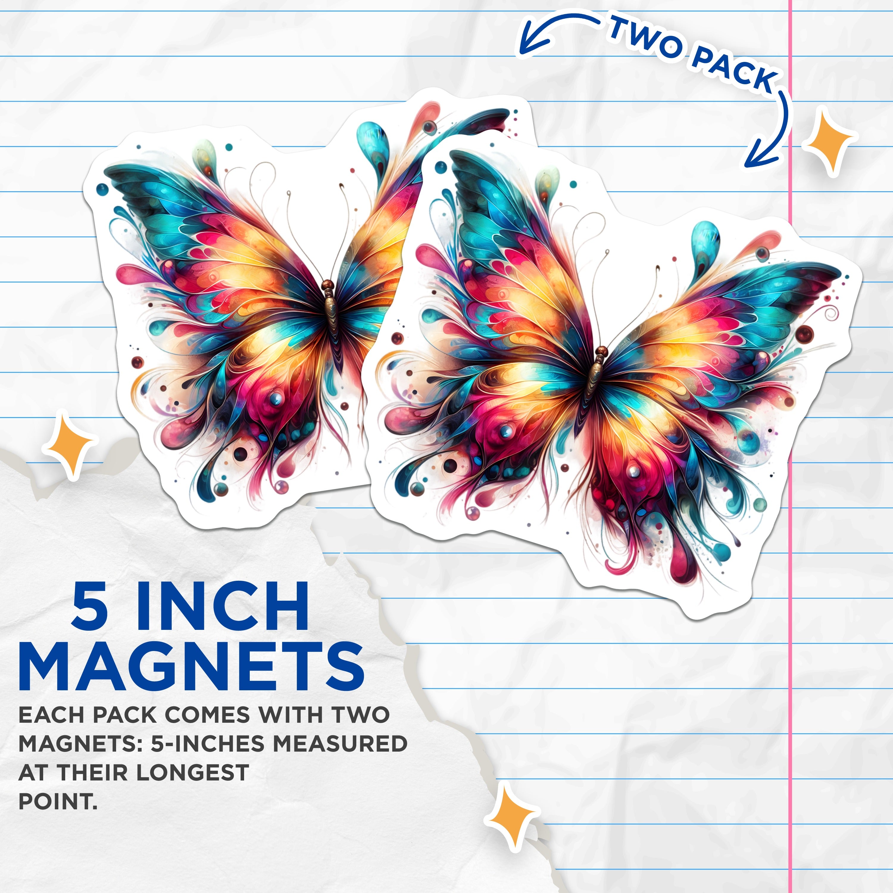 (2 Pack) Vibrant Butterfly Magnets - Colorful Fridge Decor - Whimsical Art Accent - 5 Inches On Longest Side - Thick Durable Magnet - Made in USA - MAG36269