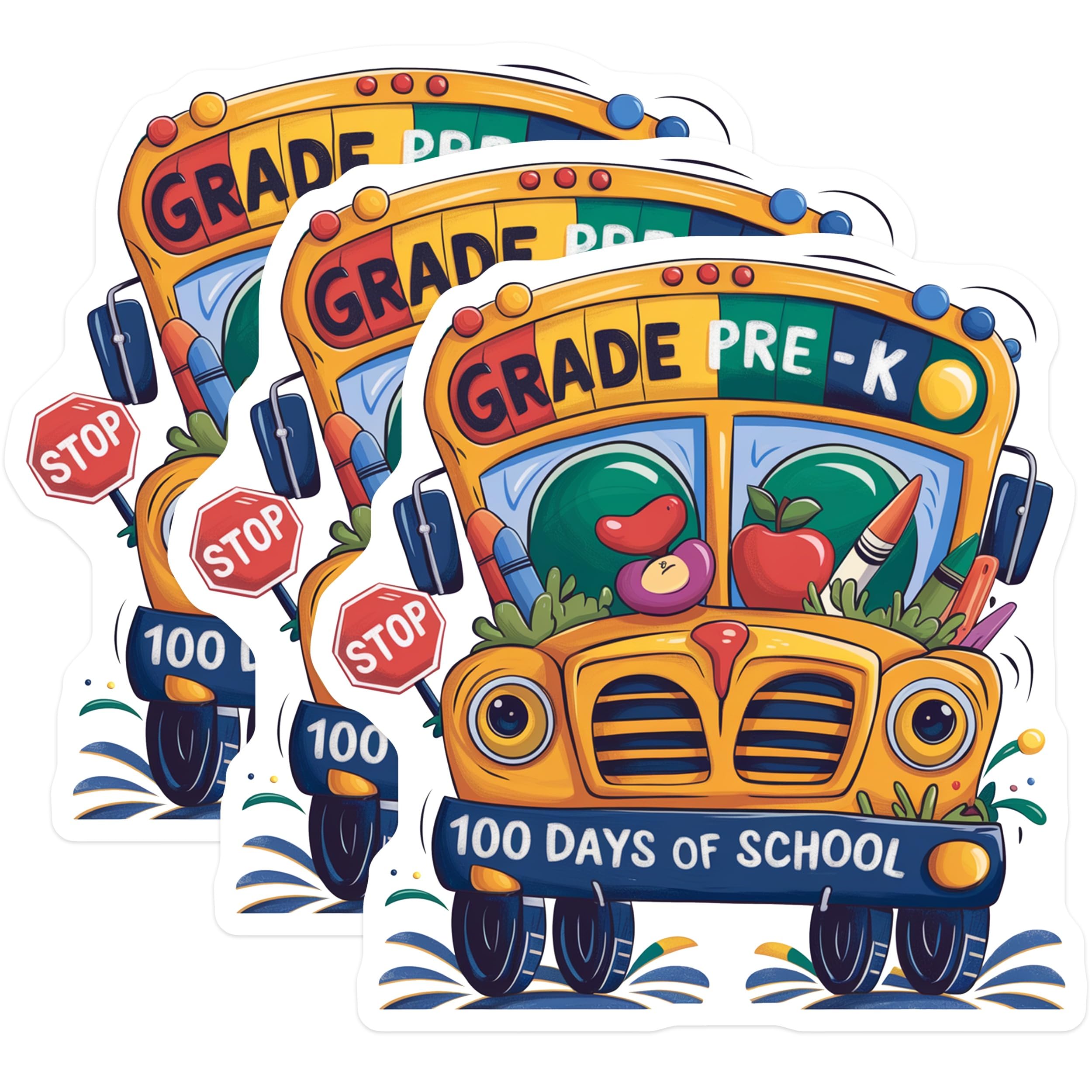 (3 Pack) School Bus Decals - 100 Days of School - Grade Pre K Decal - 3 Inches On Longest Side - Easy Peel & Apply - Made in USA - 3MCS2179