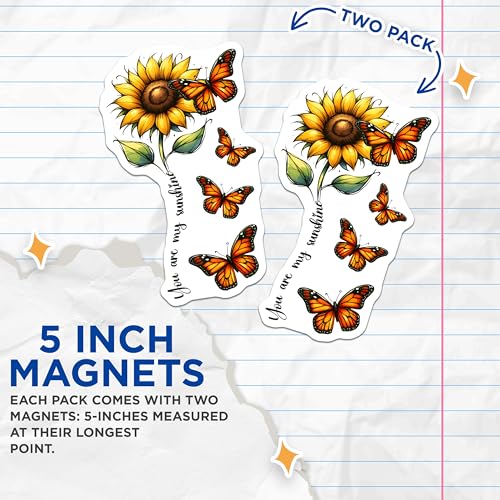 (2 Pack) Sunflower Butterfly Magnets - You are My Sunshine - Bright Kitchen Decor - Inspirational Fridge Decoration - 5" On Longest Side - for Cars, Fridges, Toolboxes - Made in USA -