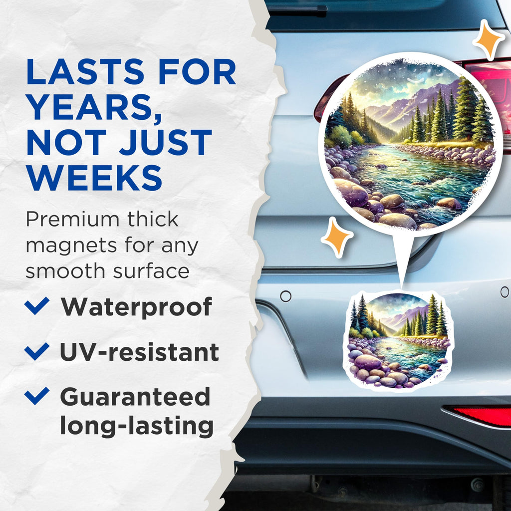(2 Pack) River Scenery Magnets - Mountain Stream Decor - Nature Illustration Fridge Magnets - 5" On Longest Side - Premium Magnet - for Cars, Refrigerators, Toolboxes, Lockers - Made in USA - MAG18792