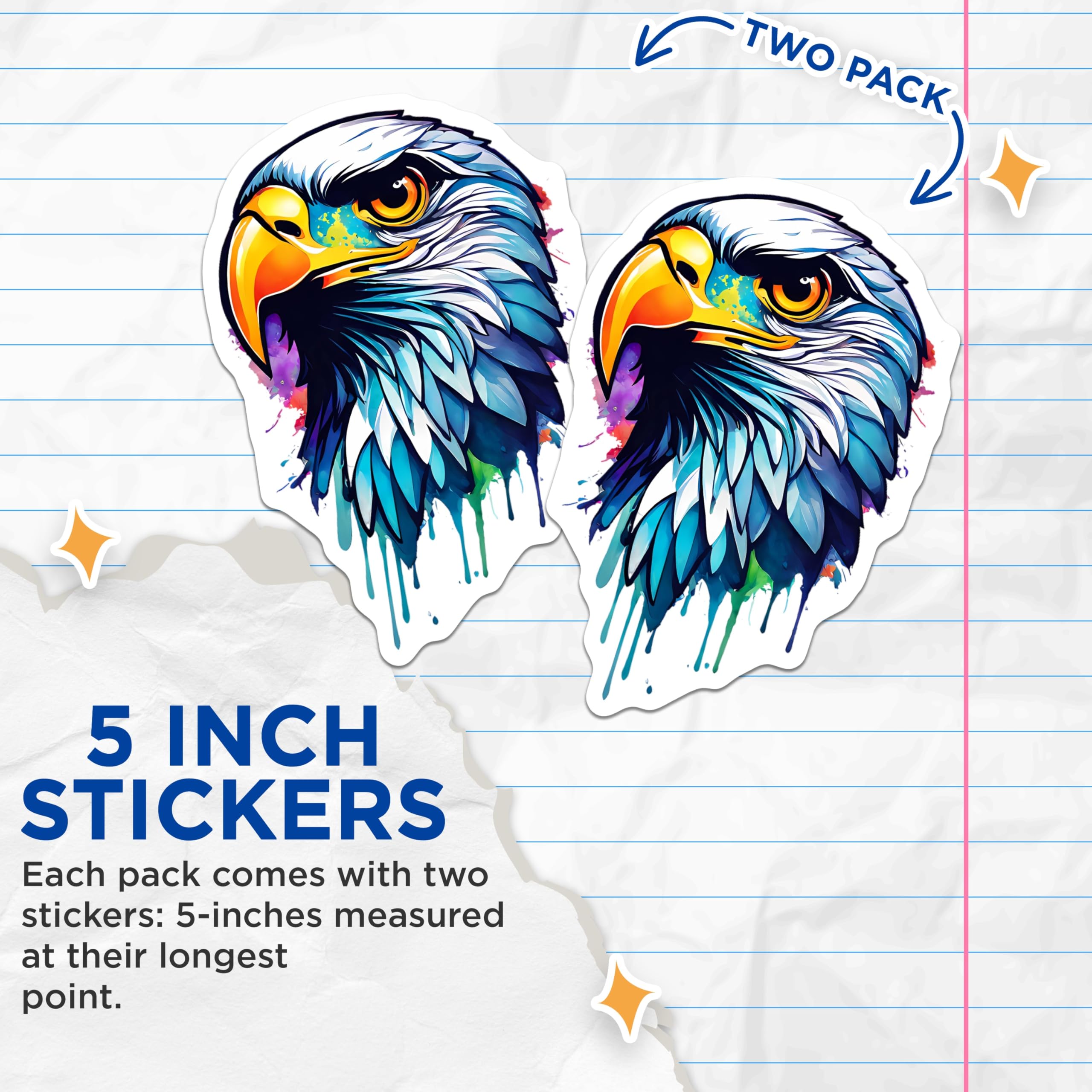(2 Pack) Bald Eagle Head Stickers - Watercolor Wildlife Art - Patriotic Bird Decal - 5" On Longest Side - Sticks to Smooth Flat Surfaces - Made in USA - BMCS20841