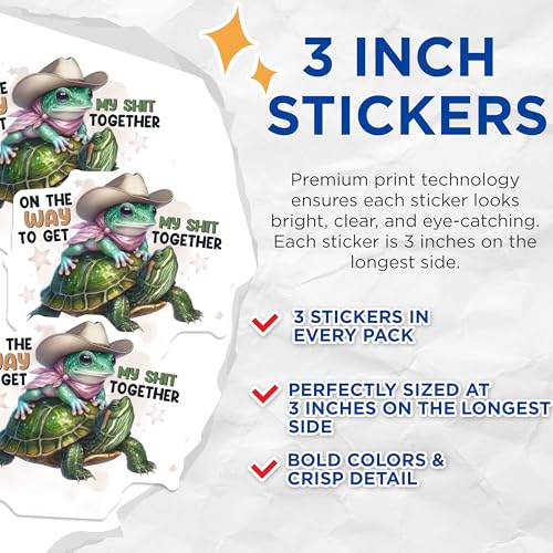 (3 Pack) Frog Turtle Decals - Cowboy Frog - Get My Shit Together Decal - 3 Inches On Longest Side - Easy Peel & Apply - Made in USA - 3MCS4008