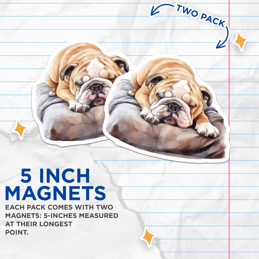 (2 Pack) Sleeping Bulldog Magnets - Cute Dog Art - Fridge Locker Decor - 5" On Longest Side - Premium Magnet - for Cars, Refrigerators, Toolboxes, Lockers - Made in USA - MAG16630