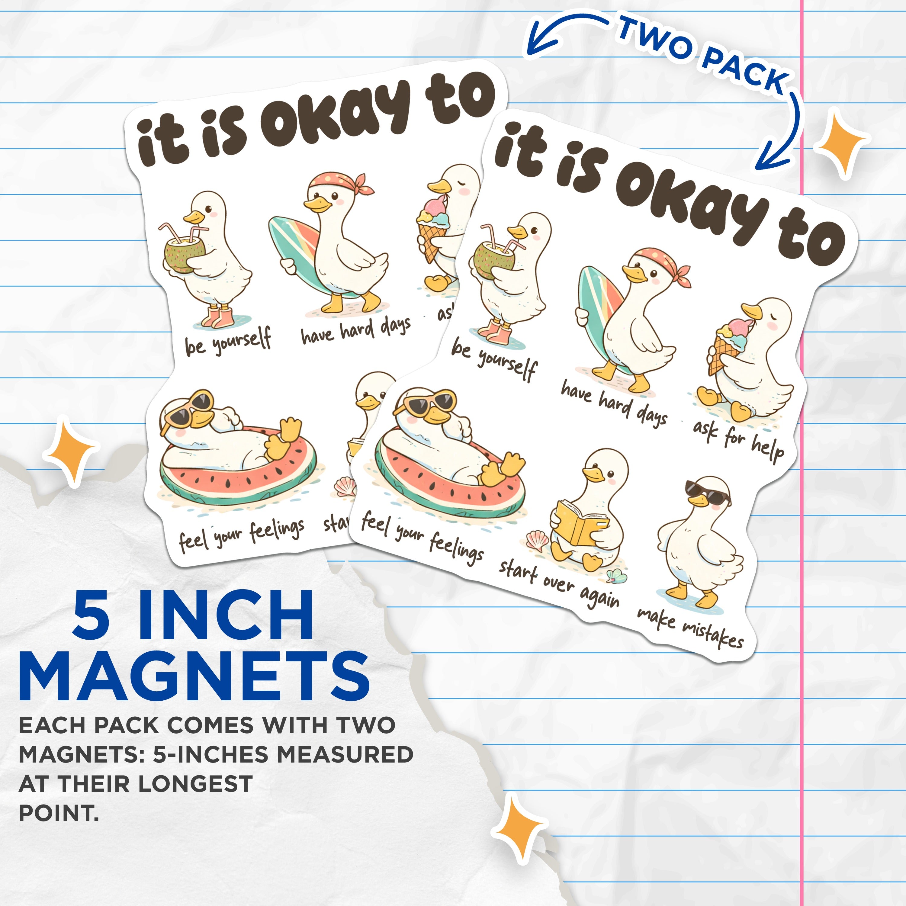 (2 Pack) Mental Health Magnets - Self Care Ducks - Positive Affirmation Decor - Encouragement Reminder for Fridge Therapy Office - 5" - Thick Durable Magnet - Made in USA - MAG39377