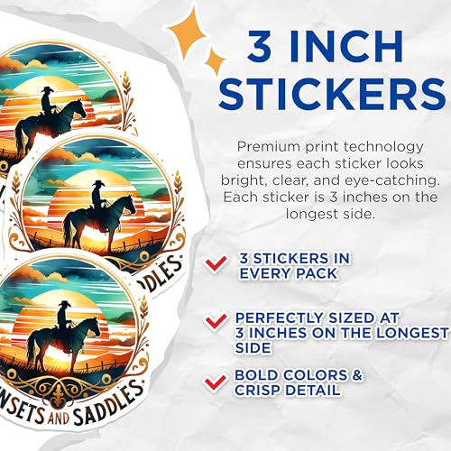 (3 Pack) Cowboy Decals - Horse Rider Stickers - Sunsets and Saddles Decor- 3 Inches On Longest Side - Easy Peel & Apply - Made in USA - 3MCS5482