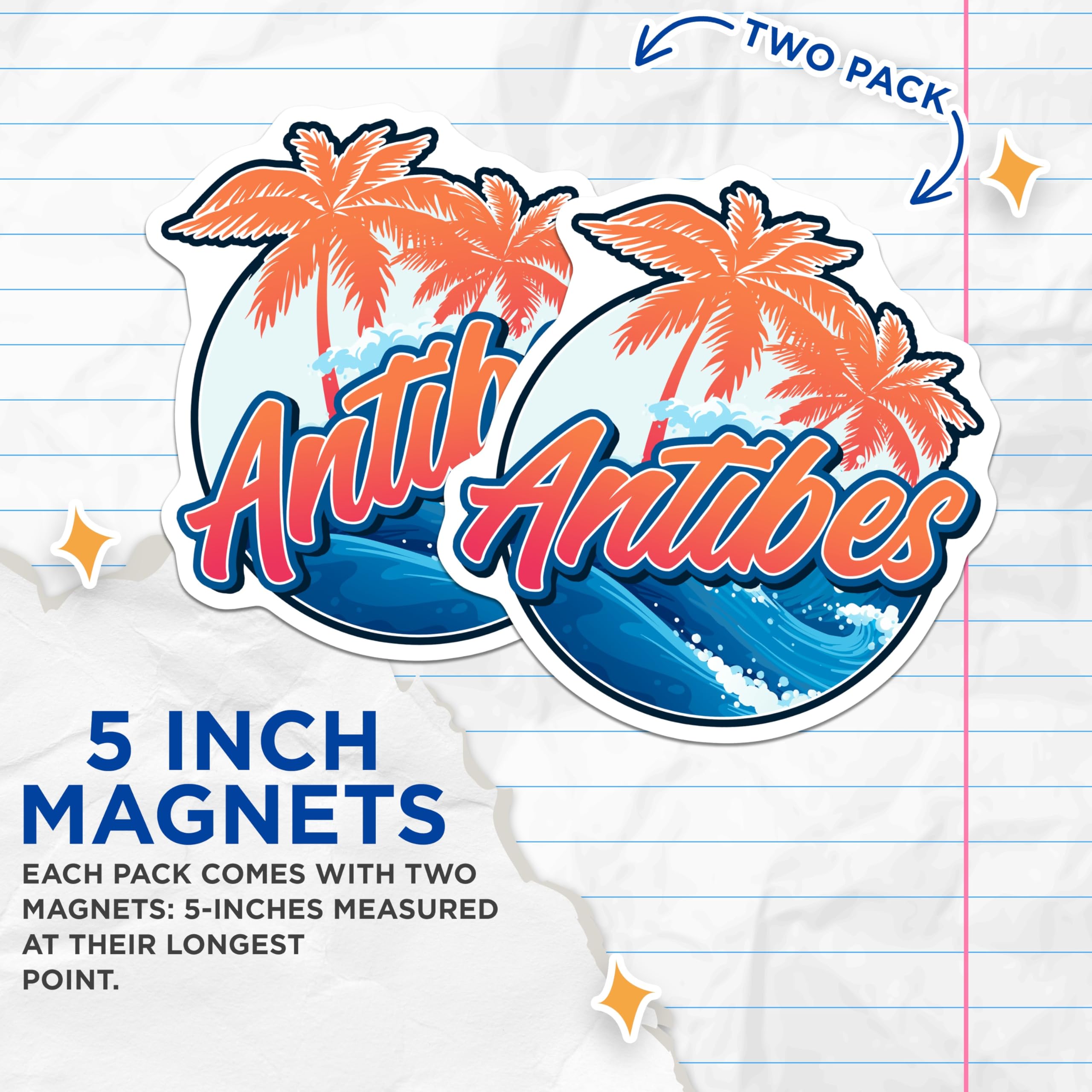(2 Pack) Antibes France Magnets - Palm Tree Beach - Travel Souvenir Decor - 5" On Longest Side - Premium Magnet - for Cars, Refrigerators, Toolboxes, Lockers - Made in USA - MAG18258