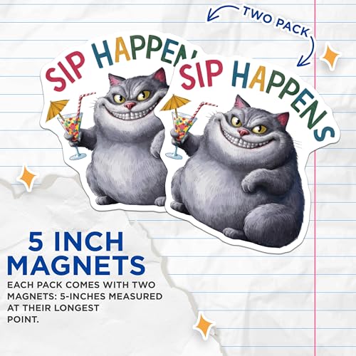 (2 Pack) Funny Cat Magnets Magnets - Sip Happens - Cute Animal Fridge Decor - 5" On Longest Side - Made in USA - Sticks to Refrigerators & Metal Surfaces - MAG9214