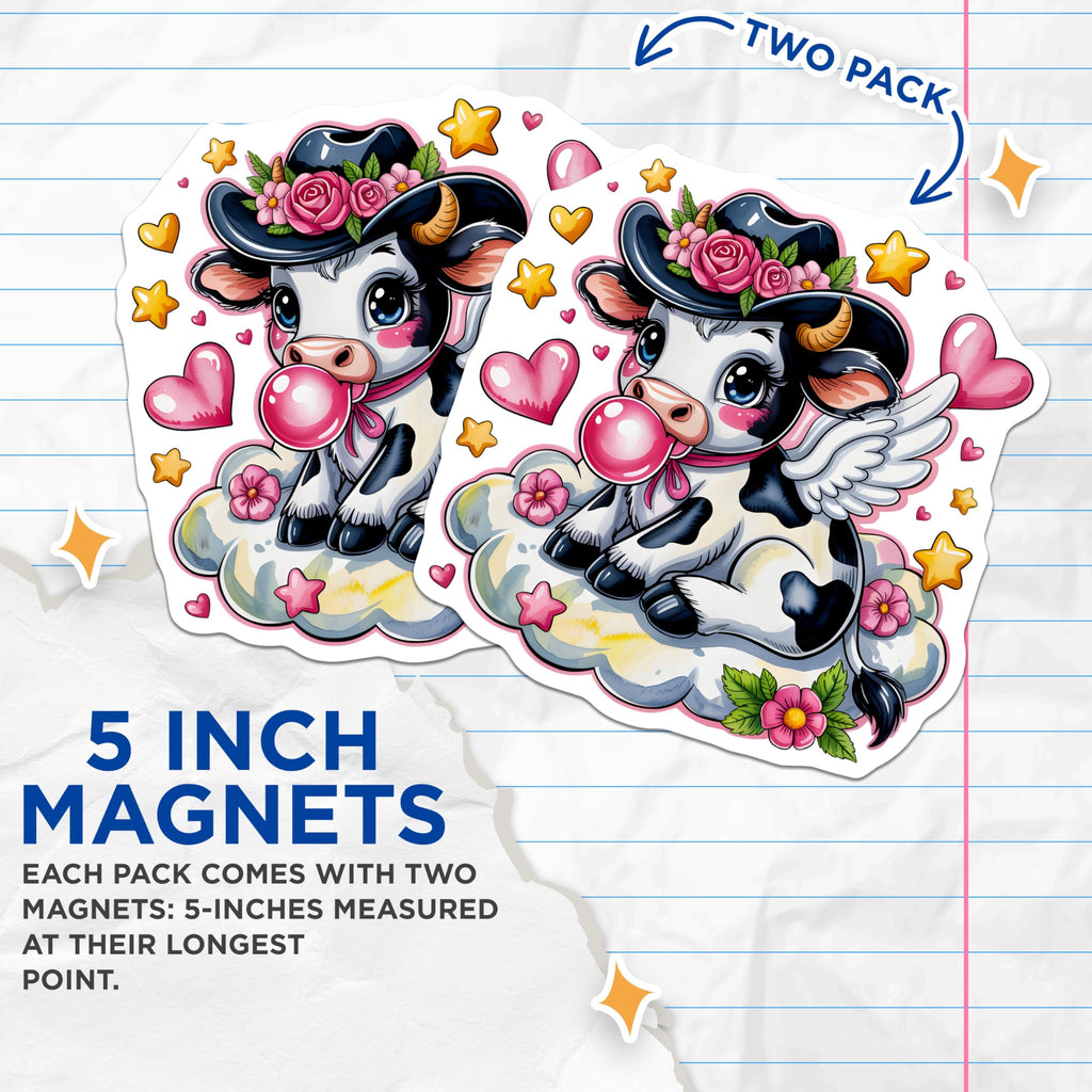 (2 Pack) Cow Magnets - Cute Cowgirl Bubbles - Winged Cloud Cow Fridge Decor - 5" On Longest Side - Premium Magnet - for Cars, Refrigerators, Toolboxes, Lockers - Made in USA - MAG15773