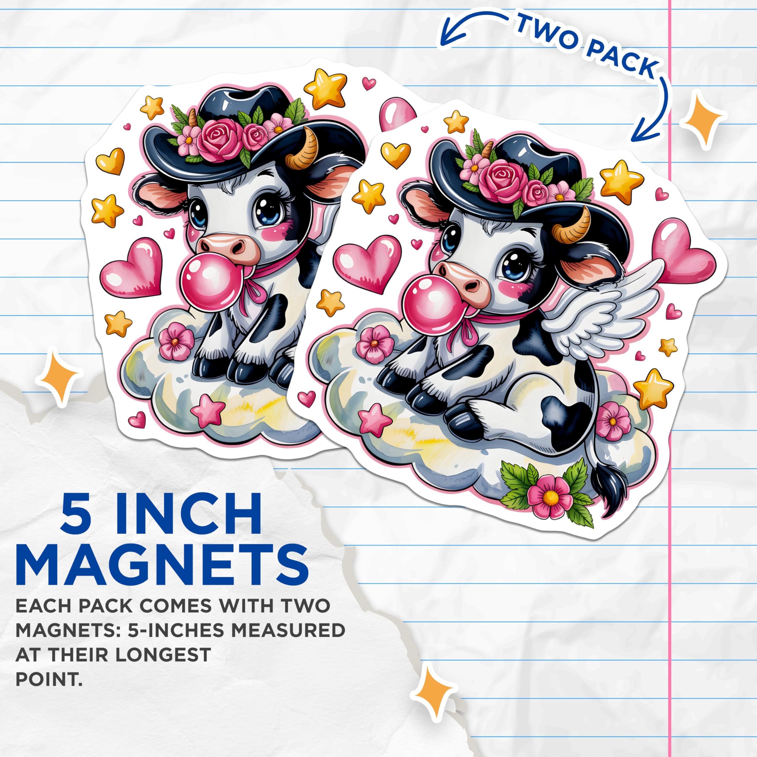 (2 Pack) Cow Magnets - Cute Cowgirl Bubbles - Winged Cloud Cow Fridge Decor - 5" On Longest Side - Premium Magnet - for Cars, Refrigerators, Toolboxes, Lockers - Made in USA - MAG15773