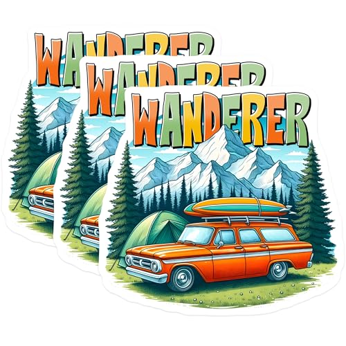 (3 Pack) Wanderer Decals - Retro Car with Surfboard - Camping Scene Sticker - 3 Inches On Longest Side - Easy Peel & Apply - Made in USA - 3MCS2050