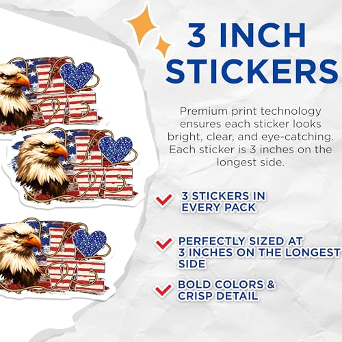 (3 Pack) American Eagle Decals - Patriotic Love Heart - USA Flag Decals - 3 Inches On Longest Side - Easy Peel & Apply - Made in USA - 3MCS6173