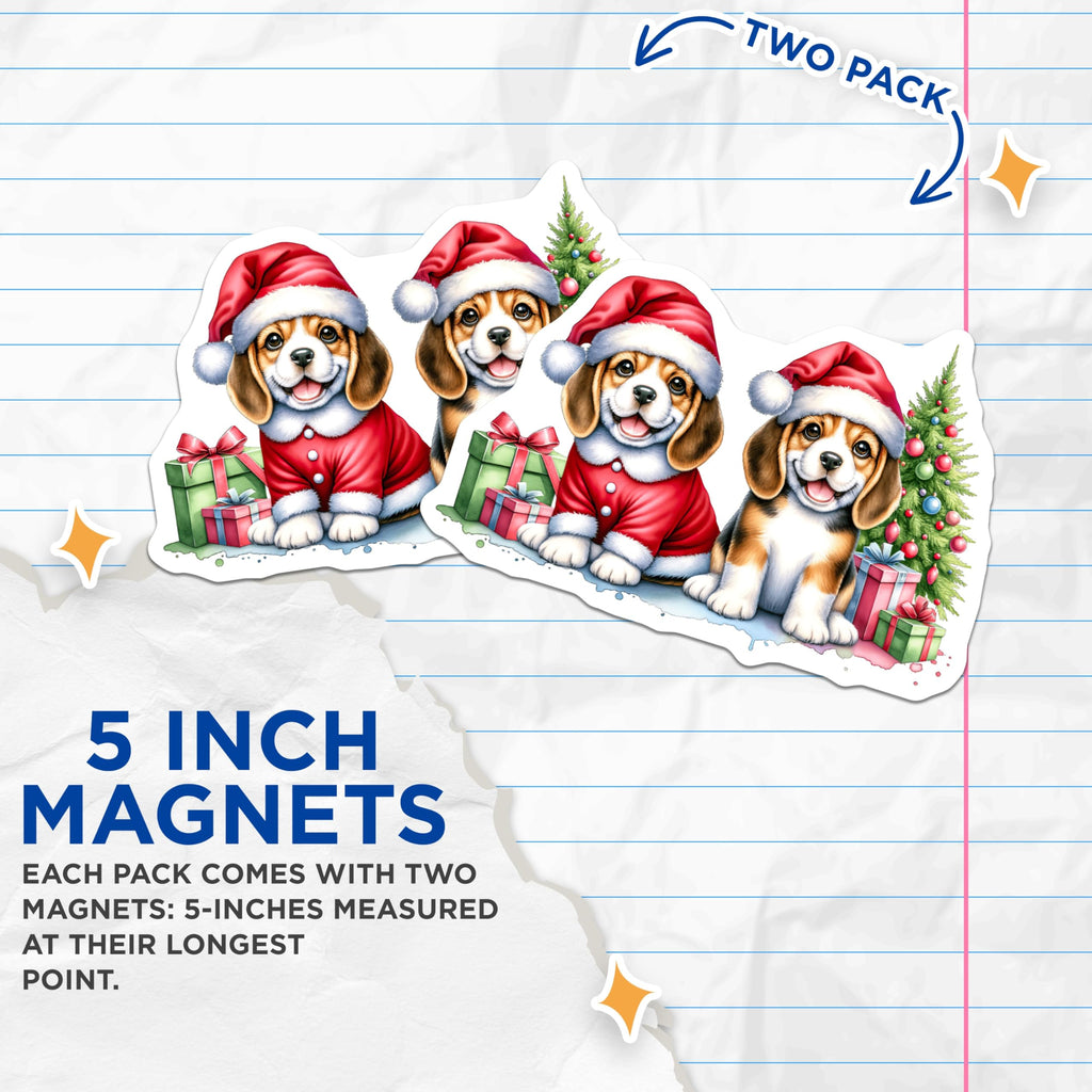 (2 Pack) Cute Beagle Christmas Magnets - Santa Puppy Decor - Holiday Refrigerator Art - 5 Inches On Longest Side - Thick Durable Magnet - Made in USA - MAG26683