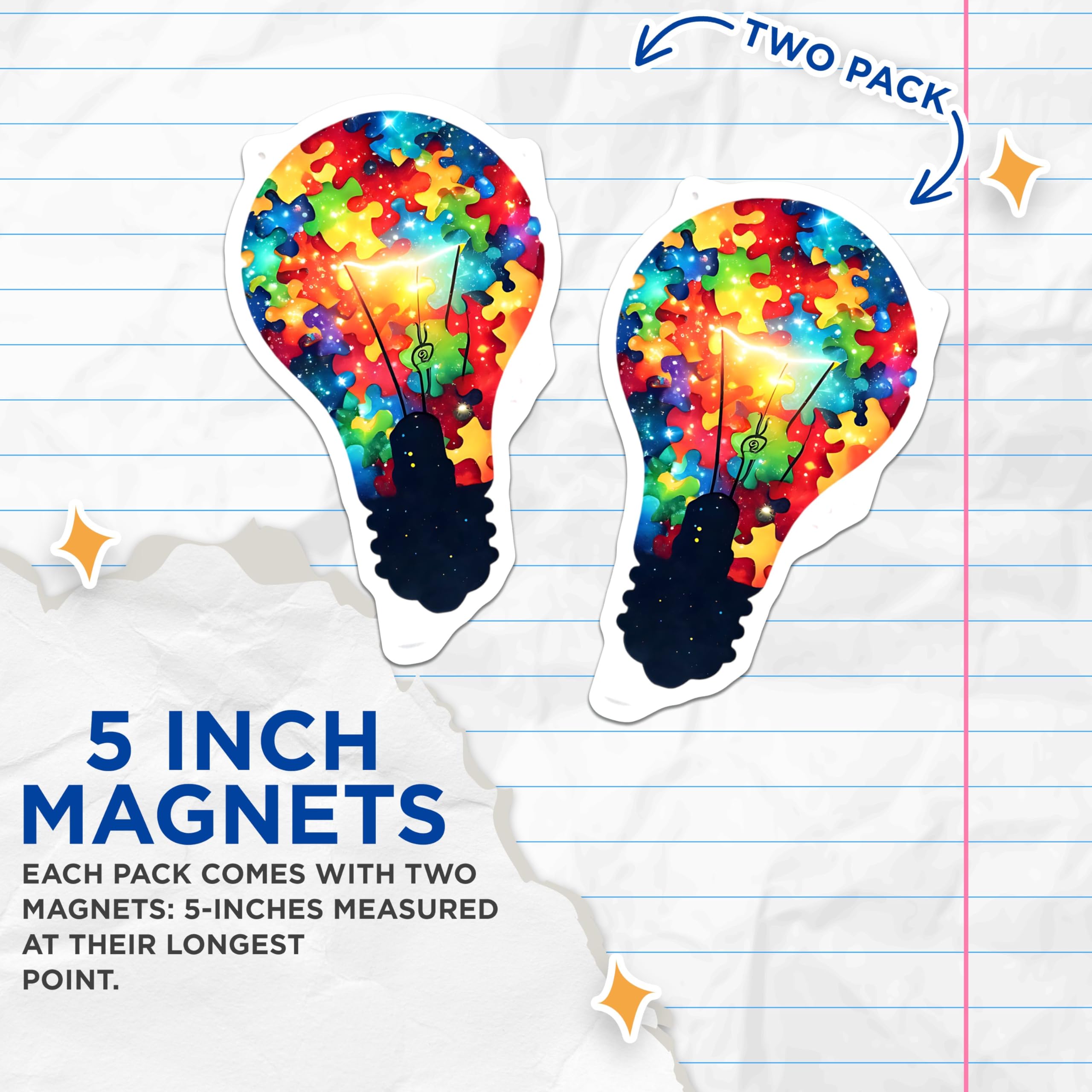 (2 Pack) Light Bulb Shape Puzzle Piece Magnets - Colorful Puzzle Design - 5" On Longest Side - for Cars, Fridges, Toolboxes - Made in US